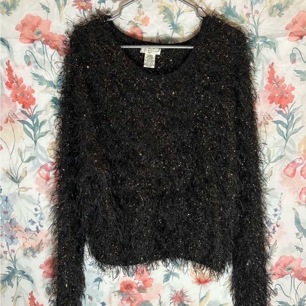 Vintage Black Fuzzy Sweater with Gold Accents